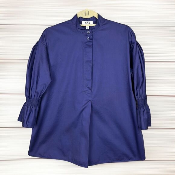 COS Royal Blue Cotton Sateen Blouse Oversized Top Smocked Bell Sleeves US 2 - Picture 1 of 16